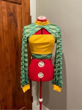 Yellow and Green Patterned Cutout Crop Top